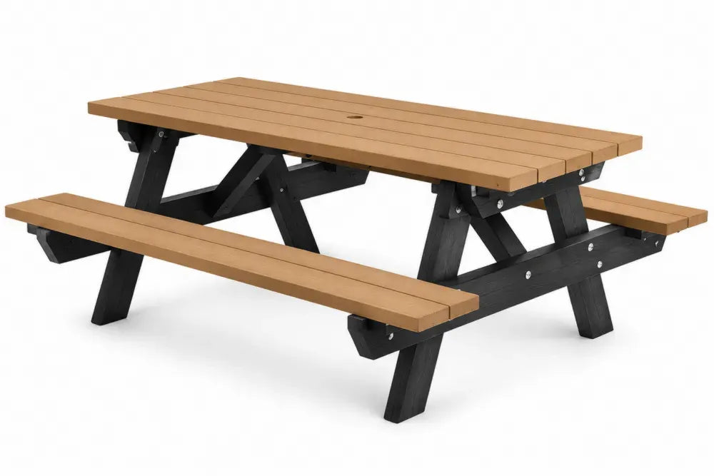 Picknicktisch Gartentisch mit 2 Bänken und Schirmloch Tannenholz rechteckig Naturbraun Schwarz 150 x 140 x 72 cm