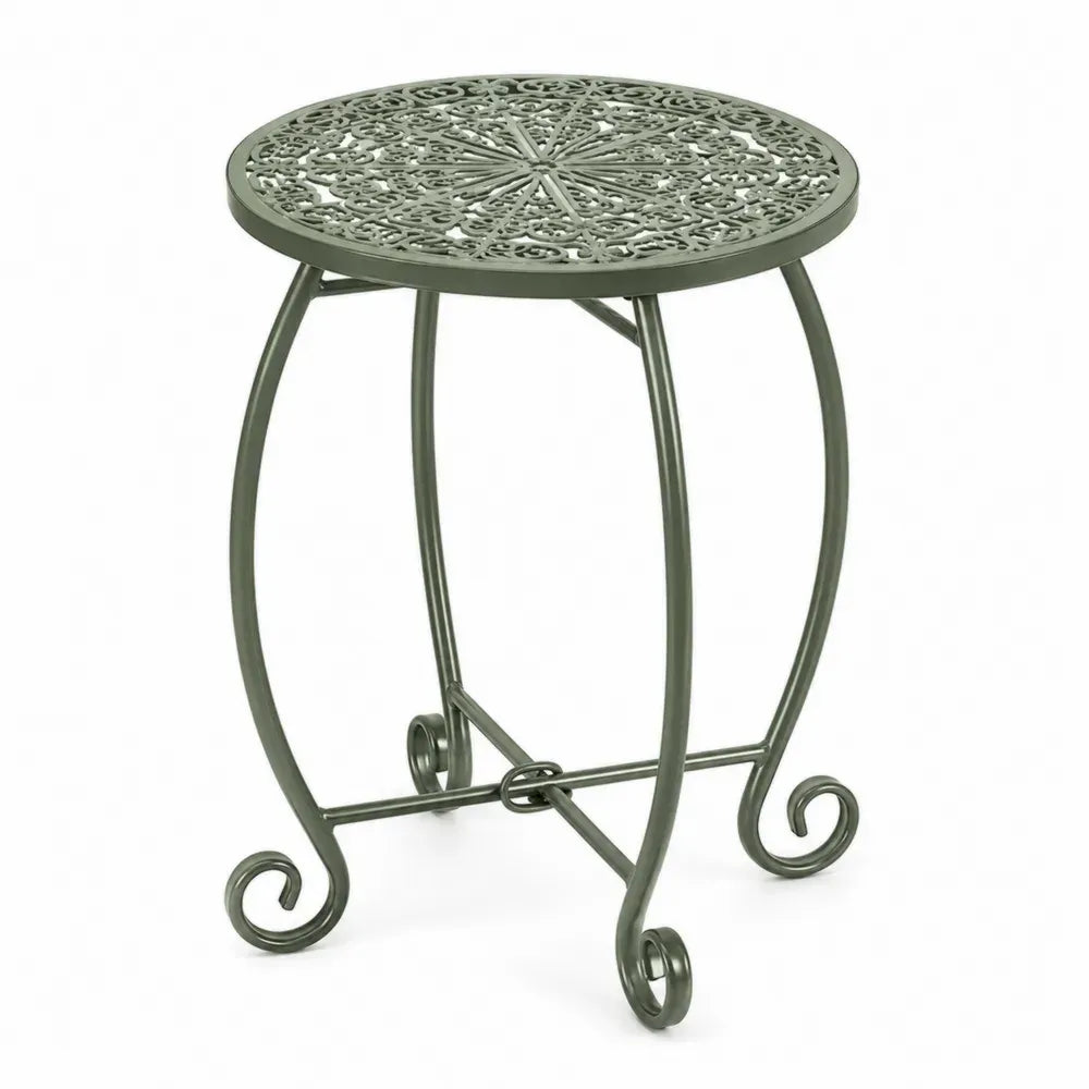 Runder Garten Beistelltisch Ø 50 cm Höhe 60 cm pulverbeschichteter Stahl Ornamentmuster Olivgrün