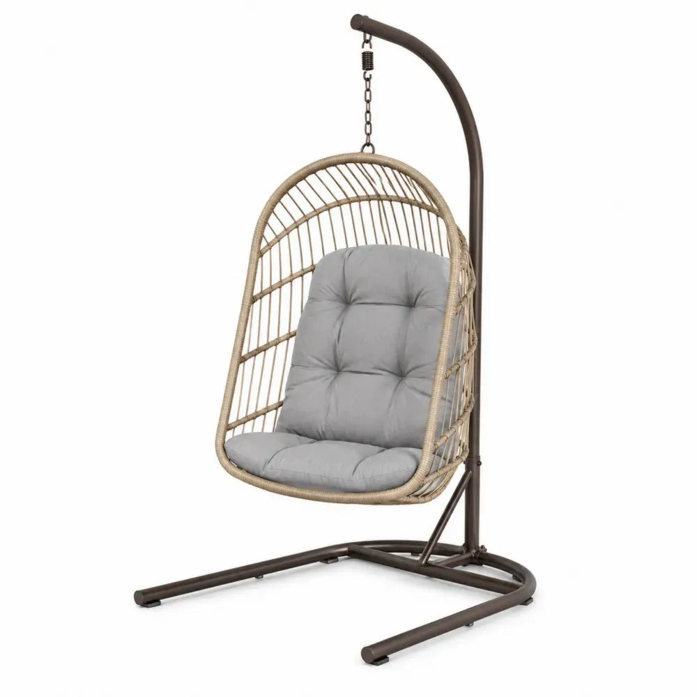 Hängesessel mit Gestell und Kissen aus PE Rattan und pulverbeschichtetem Stahl eiförmig Beige Braun Grau Schwarz 95 x 95 x 196 cm
