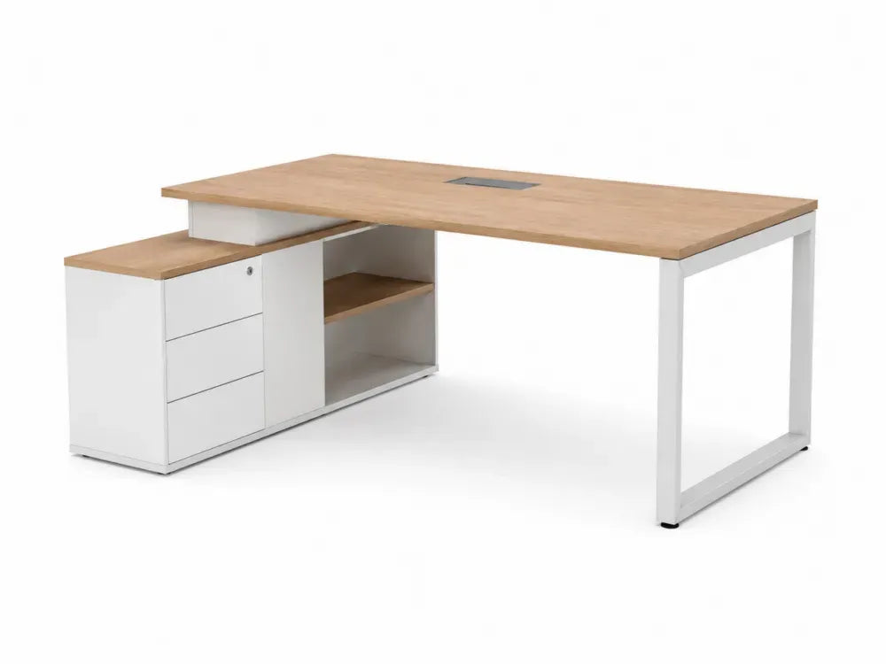 L-förmiger Schreibtisch mit Stauraum aus melaminbeschichteter Spanplatte Eiche-Dekor Weiß 180 x 160 x 75 cm