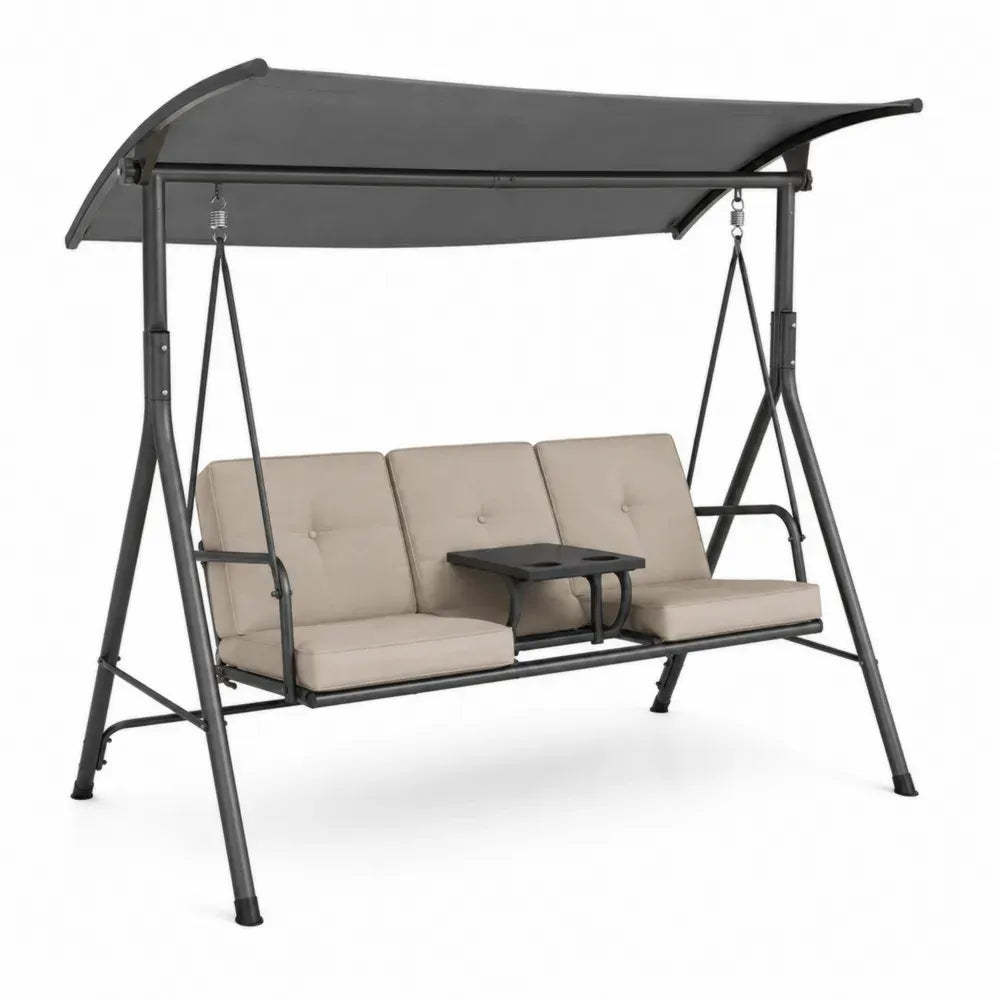 Hollywoodschaukel 3-Sitzer mit Sonnendach Mitteltisch Stahlrohr Polyester Beige Dunkelgrau 232 x 120 x 170 cm