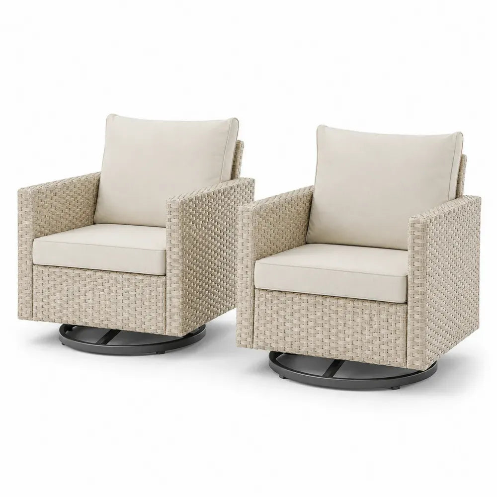 Garten Drehsessel Set 2-teilig mit Polstern PE-Rattan Stahl Polyester Cremeweiß Beige Schwarz je 76 x 78 x 90 cm