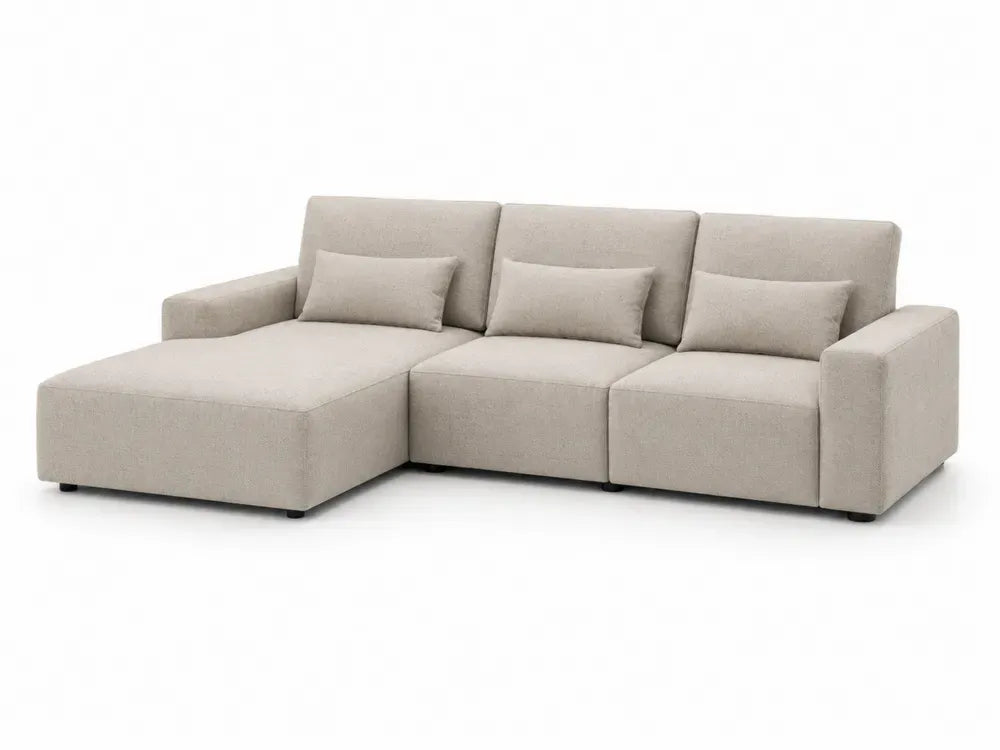 Modulares Ecksofa 3-Sitzer mit Ottomane links und 3 Zierkissen Polyestergewebe Kiefernholz L-Form Beige Schwarz 260 x 160 x 85 cm