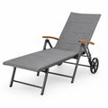 Gartenliege mit Rollen und Armlehnen 195 x 68 x 100 cm aus pulverbeschichtetem Aluminium PVC-beschichtetem Polyestergewebe und Akazienholz Grau Schwarz Naturbraun