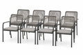 Gartenstühle 8er Set mit Armlehnen 58 x 62 x 86 cm aus pulverbeschichtetem Stahl PE Seilgeflecht und Polyester Grau Schwarz