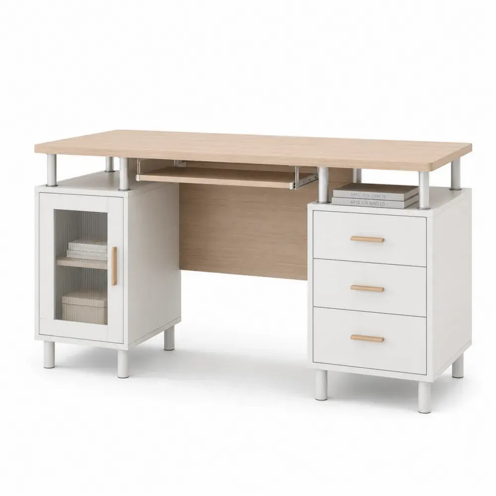 Schreibtisch mit Stauraum und Tastaturauszug aus melaminbeschichteter Spanplatte Eiche-Dekor Weiß 150 x 60 x 76 cm