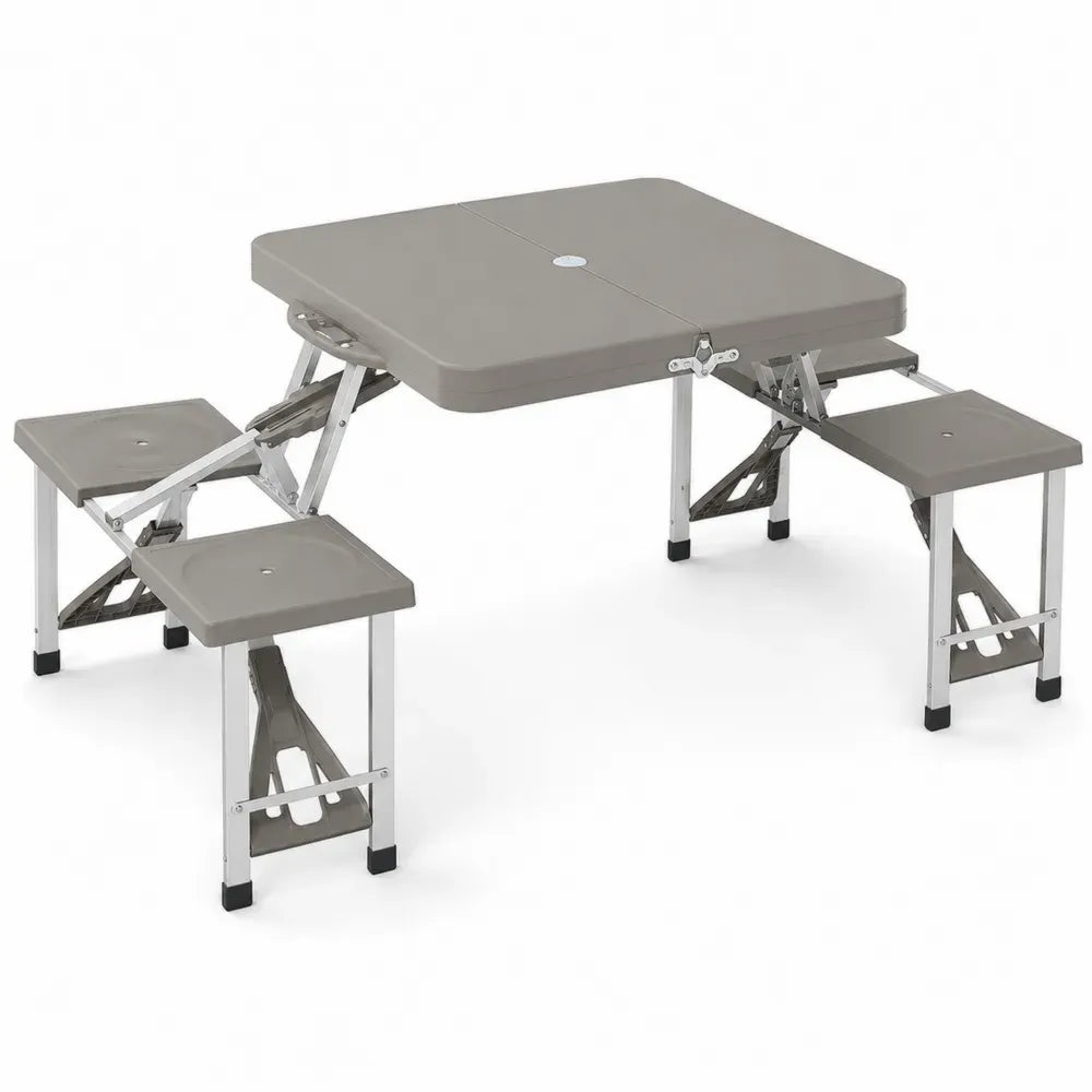 Klappbarer Picknicktisch quadratisch mit 4 Hockern Schirmloch Aluminium HDPE Taupe Silberfarben 86 x 86 x 67 cm