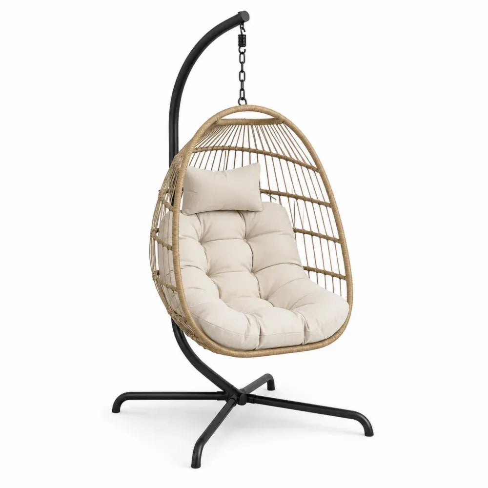 Hängesessel mit Gestell eiförmig aus PE-Rattan Stahlrohr und Polyester Beige Schwarz Creme 105 x 105 x 196 cm