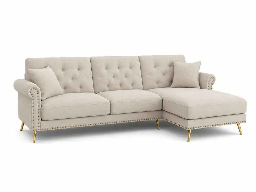 Modulares Ecksofa mit Recamiere rechts und 2 Kissen 245 x 160 x 82 cm Polyestergewebe Kiefernholz L Form Beige Goldfarben