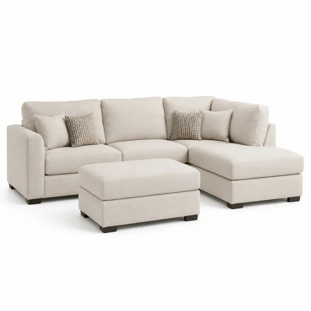 Modulares Ecksofa Set mit Ottomane rechts Hocker 4 Zierkissen Polyestergewebe Kiefernholz L-Form Beige 270 x 160 x 85 cm