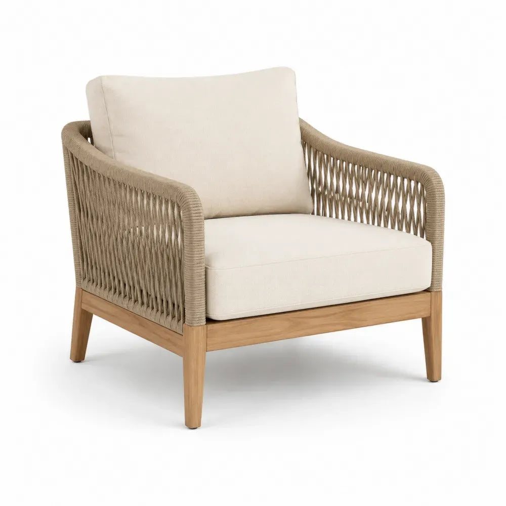 Gartensessel Gartenstuhl mit Kissen 82 x 78 x 76 cm Akazienmassivholz Polyesterseil rechteckig Natur Beige Taupe