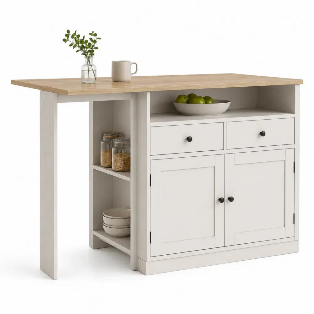 Kücheninsel Mehrzwecktisch mit Stauraum MDF Kautschukholz rechteckig Natur Cremeweiß Schwarz 120 x 60 x 90 cm