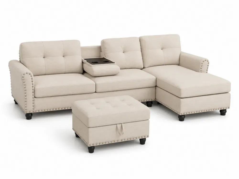 Modulares Ecksofa Set mit Recamiere rechts und Hocker 245 x 160 x 84 cm Polyestergewebe Kiefernholz L Form Beige Schwarz Silberfarben